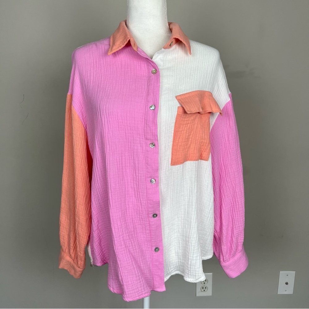 ENTRO COLOR BLOCK BUTTON UP COLLARED COTTON GAUZY TOP SIZE SMALL - Picture 7 of 15